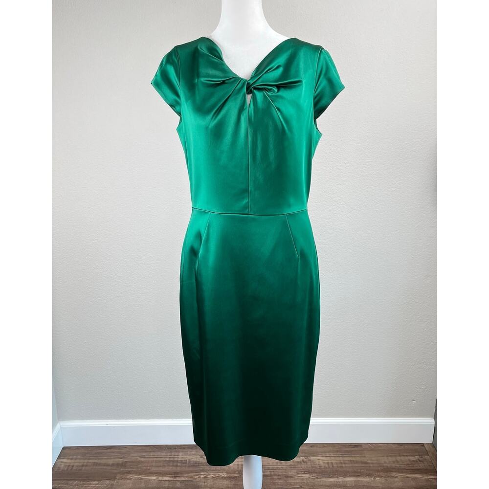 Tahari Arthur S Levine Emerald Green Satin Twist Front Jewel Tone Midi Dress 10